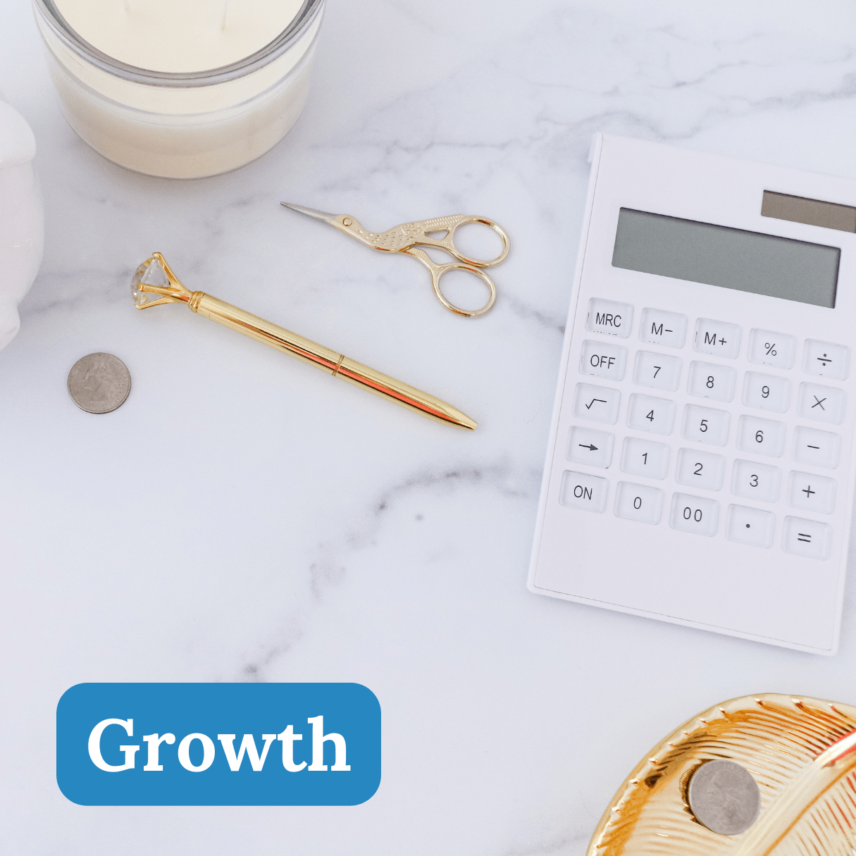 An image showcasing a calculator and pen on a desk with the words titled "Growth."